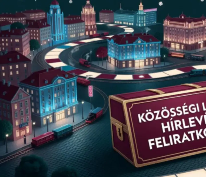 Éjszakai városkép illusztráció, fénylő épületekkel, vasúttal és játékfigurákkal