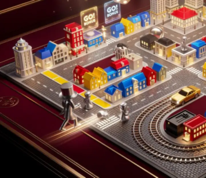 Digitális MONOPOLY-stílusú játéktábla illusztráció eseményekkel, dobókockákkal és színes városkockákkal