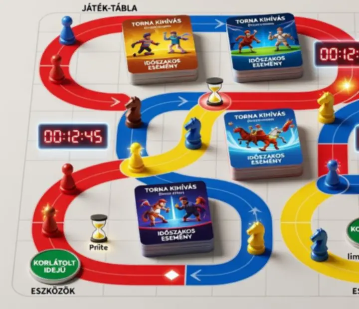 Színes, digitális eseménynaptár MONOPOLY GO! stílusú kártyákkal, időzítőkkel és jutalom-jelölésekkel