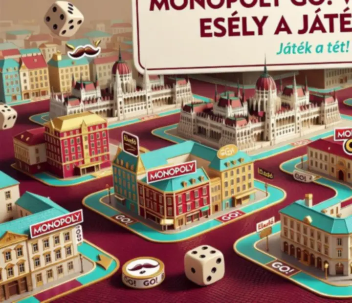 Panorámikus, MONOPOLY-inspirált digitális várostábla, színes utcákkal, épületekkel, kockákkal és tokenekkel