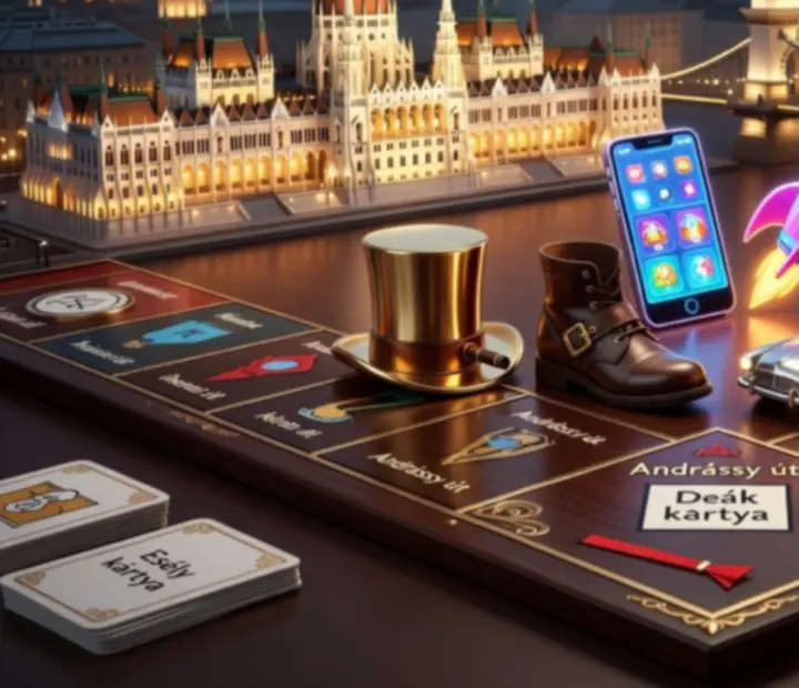 Válogatott MONOPOLY GO! játékbábuk prémium, 3D-s megjelenítéssel egy sötét, bordó játéktáblán