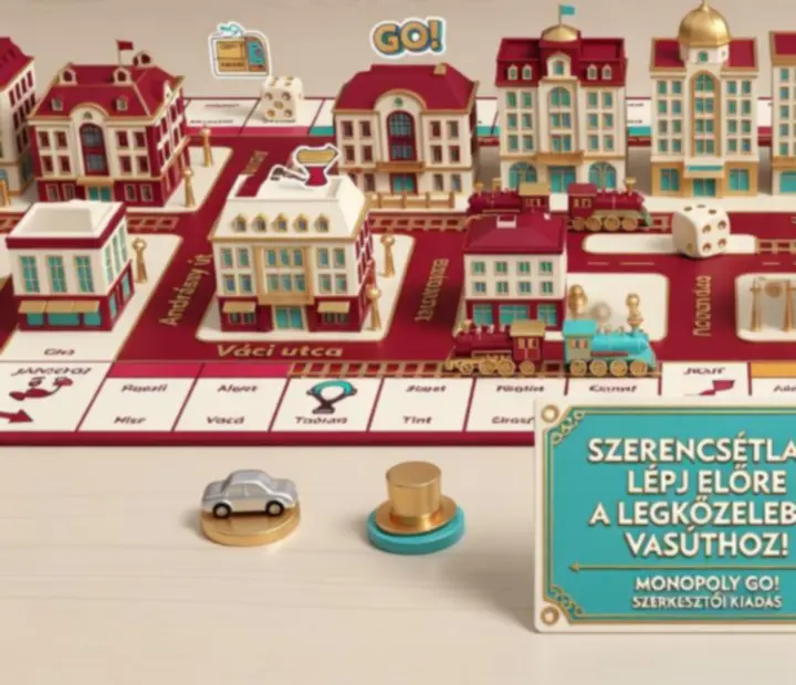 Stilizált MONOPOLY GO! városi játéktábla dobókockával, tokenekkel és tulajdonkártyákkal