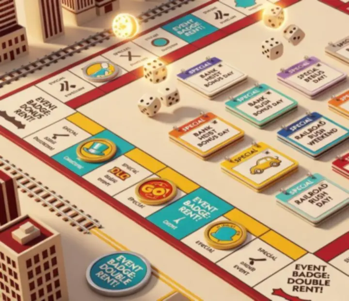 Stílusos MONOPOLY GO! esemény-naptár illusztráció színes mezőkkel és dobókockákkal