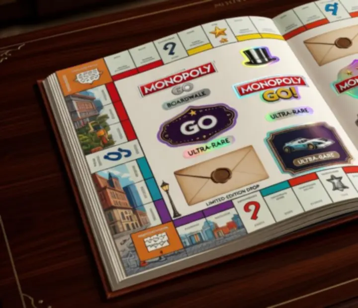 Prémium MONOPOLY GO! stílusú matricás album illusztráció színes lapokkal