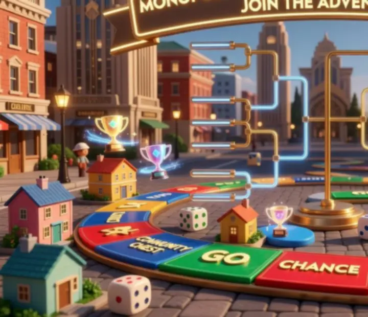 Versenytábla és kupák MONOPOLY GO! stílusú illusztráción