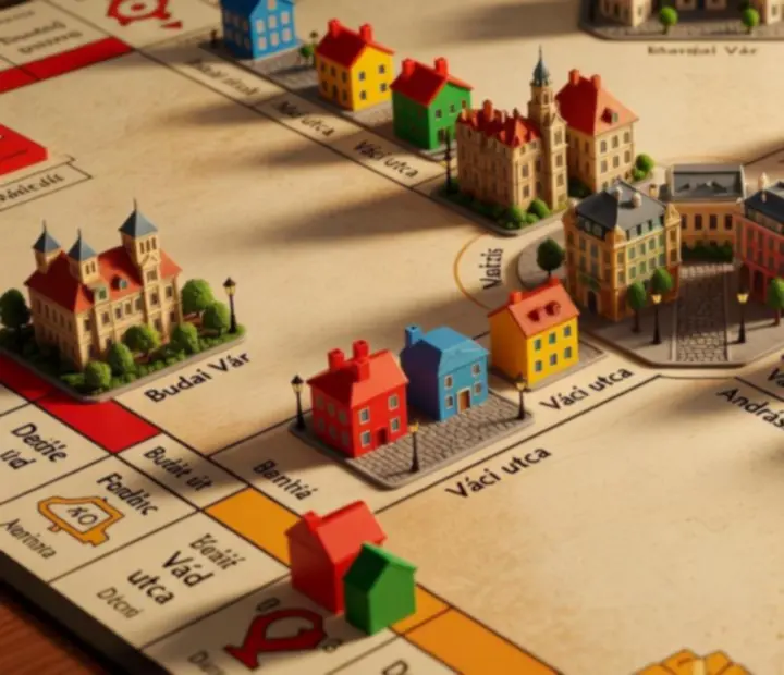 Stilizált városi MONOPOLY tábla különböző fejlesztési szintekkel, házakkal és hotelekkel