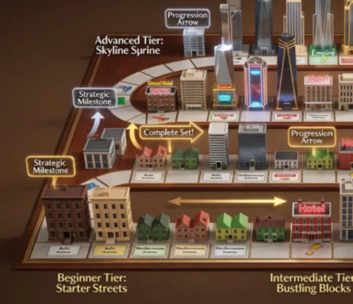 Illusztrált stratégiai útvonal, amely a kezdőtől a profi MONOPOLY GO! játékosig vezet