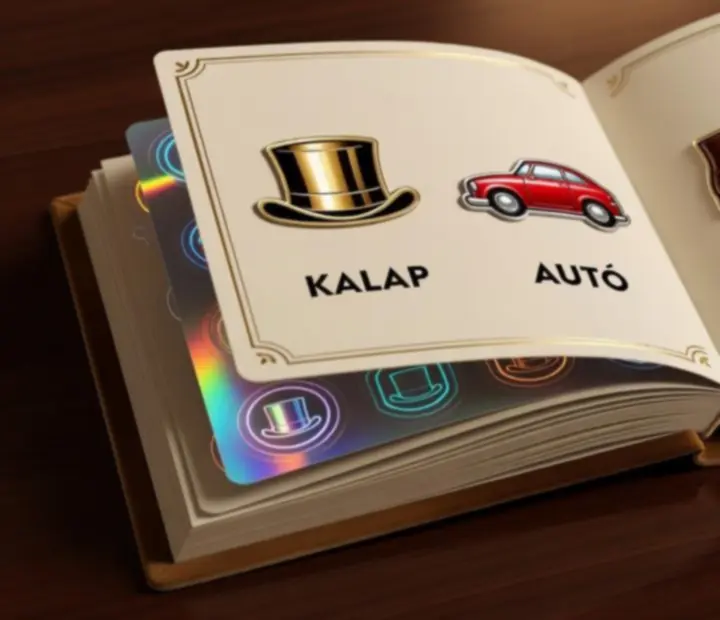 Token gyűjtemény album MONOPOLY GO! játékbábukkal, vitrinszerű elrendezésben